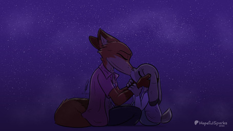 abstract_background anthro clothed clothing dark_lighting duo female hand_on_head kiss_on_lips kissing male male/female night patreon_logo romantic sky star starry_sky hopefulsparks disney patreon zootopia judy_hopps nick_wilde canid canine fox lagomorph leporid mammal rabbit absurd_res hi_res signature