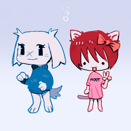 5_fingers ambiguous_anthro ambiguous_gender ambiguous_humanoid anthro barefoot biped black_eyes blue_clothing blue_sweater blue_topwear bow_ribbon brown_hair closed_smile clothed clothed_ambiguous clothed_anthro clothing dot_eyes duo eyelashes feet fingers gesture hair hand_gesture heart_symbol looking_at_viewer mouth_closed noseless open_mouth open_smile pink_clothing pink_mouth pink_ribbon pink_shirt pink_topwear shirt simple_background simple_eyes smile smiling_at_viewer standing sweater tail text text_on_clothing text_on_shirt text_on_topwear topwear v_sign white_body white_ears white_tail 4chan_anon unknown_artist 4chan cave_story moot sue_sakamoto animal_humanoid cat_humanoid felid felid_humanoid feline feline_humanoid humanoid lagomorph mammal mammal_humanoid mimiga 1:1 2024 digital_drawing_(artwork) digital_media_(artwork) shaded simple_shading female_(lore)