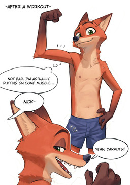 4_fingers after_exercise anthro briefs clothing fingers fur green_eyes male orange_body orange_fur pawpads paws pointy_ears simple_background solo text underwear white_background nyeong disney zootopia nick_wilde canid canine fox mammal red_fox true_fox english_text hi_res