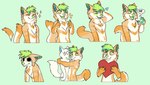 anthro blue_inner_ear_fluff closed_smile duo ear_piercing ear_ring eyes_closed fur green_background green_eyes green_hair hair holding_heart hug inner_ear_fluff male mouth_closed no_sclera open_mouth open_smile orange_body orange_fur orange_tail piercing ring_piercing short_hair simple_background smile solo sparkles tail tuft white_body white_fur white_tail martinballamore ych_(character) canid mammal hi_res multiple_images