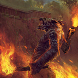 angry anthro building building_fire fire fur holding_object holding_torch male open_mouth plant red_eyes sharp_teeth solo teeth torch vines bartlomiej_gawel poxnora sony_corporation canid mammal 1:1 digital_media_(artwork) hi_res official_art