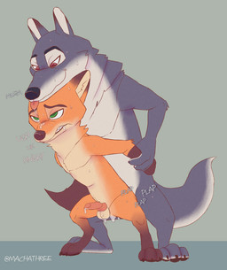 3_toes 4_fingers anal anal_penetration animal_genitalia animal_penis anthro anthro_on_anthro anthro_penetrated anthro_penetrating anthro_penetrating_anthro anus arm_pull biped bodily_fluids butt canine_genitalia canine_penis cum cum_in_ass cum_inside cum_while_penetrated drooling duo ejaculation erection feet fingers from_behind_position fur genital_fluids genitals green_eyes grey_body grey_fur hands-free hindpaw holding_wrists knot male male/male male_penetrated male_penetrating male_penetrating_male nude orange_body orange_fur pawpads paws penetration penile penile_penetration penis penis_in_ass prison_guard_position saliva saliva_string sex sweat toes tongue tongue_out machathree disney zootopia nick_wilde canid canine canis fox mammal red_fox true_fox wolf
