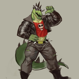 anthro belt black_clothing black_hair black_jacket black_topwear boots bottomwear clothing denim denim_bottomwear denim_clothing eyewear footwear gesture green_body green_scales grey_background hair hand_gesture hand_on_hip jacket jeans leather leather_clothing leather_jacket leather_topwear male mohawk muscular muscular_anthro muscular_male pants pointing pointing_at_self red_clothing red_shirt red_topwear scales shirt shoes simple_background smile solo spiked_belt spiked_tail spikes spikes_(anatomy) sunglasses tail tan_body tan_scales topwear torn_bottomwear torn_clothing torn_jeans torn_pants simmersand how_to_be_cool dax_(piemations) crocodile crocodilian reptile scalie 1:1 hi_res