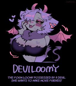 anthro big_breasts blush breasts female grey_body hair hair_over_eye heart_symbol heart_tattoo looking_at_viewer one_eye_visible purple_hair red_eyes simple_background solo spade_tail spread_wings tail tattoo text tongue tongue_out wings comifur deviloomy_(comifur) demon english_text