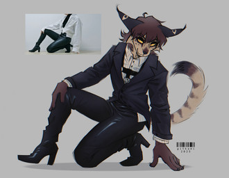 5_fingers anthro barcode biped black_bottomwear black_clothing black_nose black_topwear blazer boots bottomwear brown_body brown_fur brown_hair button_(fastener) cheek_tuft claws clothed clothing coat collared_shirt dress_shirt ear_tuft ears_down eyebrow_through_hair eyebrows facial_tuft finger_claws fingers fluffy fluffy_tail footwear freckles fur hair half-closed_eyes hand_on_ground hand_on_knee hand_on_leg harness high_heeled_boots high_heels kneeling leather leather_bottomwear leather_clothing leather_pants looking_away male markings mouth_closed multicolored_body multicolored_fur narrowed_eyes on_one_knee pants pinstripes pivoted_ears seductive shirt shoes short_hair simple_background smile solo spots stripes suit tail tan_body tan_fur text topwear translucent translucent_hair tuft two_tone_body two_tone_fur undershirt white_clothing white_topwear yellow_sclera gitkami wolfram_(gitkami) felid feline felis lynx mammal 2025 artist_name colored digital_media_(artwork) full-length_portrait hi_res portrait reference_image shaded signature nonbinary_(lore)