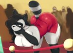 anthro anthro_focus ass_up bent_over black_arms black_body black_ears black_eyes black_fingers black_fur black_hair black_hands black_legs black_tail breasts butt clothed clothing dress ear_piercing ear_ring facial_markings female female_focus fur gloves_(marking) grey_arms grey_body grey_fur grey_legs grey_tail hair hair_over_eye head_markings markings mask_(marking) multicolored_body multicolored_fur one_eye_obstructed piercing red_clothing red_dress ring_(marking) ring_piercing ringed_tail striped_markings striped_tail stripes tail tail_markings two_tone_body two_tone_fur two_tone_tail tainypie connie_(rakurawr) mammal procyonid raccoon hi_res