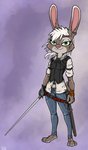 anthro belt ear_piercing ear_ring female fur green_eyes grey_body grey_fur hair melee_weapon piercing ring_piercing scar solo sword weapon white_hair wristband ziegelzeig kiren_saga valkeyrie_constantine lagomorph leporid mammal rabbit hi_res