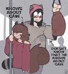 anthro big_bulge big_penis bodily_fluids bulge clothing duo erection femboy genital_fluids genitals hair hair_over_eye hat headgear headwear hoodie huge_bulge hyper hyper_bulge long_hair male male_focus penis precum precum_through_clothing public smile squigglevision tail text topwear train vehicle wet wet_clothing peculiart noah_(peculiart) stacy_(peculiart) mammal procyonid raccoon rodent sciurid tree_squirrel 2024 animated english_text hi_res loop short_playtime watermark