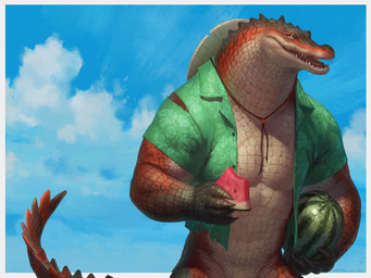 5_fingers anthro biceps black_body black_scales bottomless claws clothed clothing cloud detailed_food fingers food fruit green_clothing hat headgear headwear holding_food holding_fruit holding_melon holding_object holding_watermelon male melon multicolored_body multicolored_scales muscular muscular_anthro muscular_male open_mouth pecs plant red_body red_scales scales sharp_teeth sky solo standing tan_body tan_scales teeth tongue topwear torn_clothing watermelon watermelon_slice taran_fiddler alligator alligatorid crocodilian reptile scalie 4:3 detailed digital_media_(artwork) hi_res