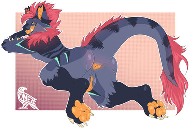 andromorph anthro anus butt claws feet fur genitals hair intersex looking_at_viewer looking_back nude pawpads paws presenting smile tail tongue vulva omez