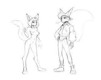 anthro breasts duo female genitals kerchief male nude standing vulva hush_button ava_(hush_button) domestic_cat felid feline felis mammal rodent sciurid tree_squirrel character_request hi_res monochrome sketch