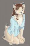 anthro biped blue_eyes bottomless brown_hair clothed clothing female grey_background hair kneeling simple_background solo candy_(artist) rebecca_brunner felid feline lynx mammal