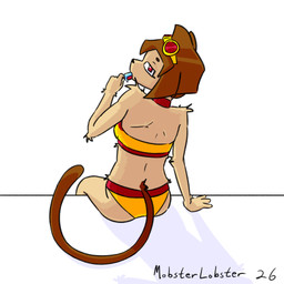 anthro bikini brown_hair brown_tail clothing eyewear female food fur goggles hair looking_at_viewer popsicle red_eyes solo swimwear tail tan_body tan_fur two-piece_swimsuit mobsterlobster gameoverse glitch_productions kit_bodega felid feline mammal 1:1 hi_res