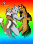 anthro black_body black_fur black_nose blue_eyes brown_body brown_eyes brown_fur brown_nose featureless_crotch fur green_nose grey_body grey_fur group hand_holding hug looking_at_viewer male multicolored_body multicolored_fur naturally_censored nude pink_tongue rainbow_background simple_background smile tongue tongue_out two_tone_body two_tone_fur white_body white_fur ceruby canid canine canis domestic_dog german_shepherd herding_dog husky mammal nordic_sled_dog pastoral_dog spitz wolf 2015 3:4 digital_media_(artwork) hi_res watermark