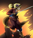 accessory anthro blonde_hair clenched_teeth clothed_male feet fire fire_background flower flower_in_hair hair hair_accessory male melee_weapon otter_tail plant solo sword teeth weapon pandottermon parker_(pandottermon) mammal mustelid otter hi_res