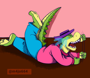 3_toes 4_fingers anthro biped bodily_fluids bottomwear clothing crying feet fingers hat headgear headwear humanoid_hands lying male pants shirt solo tears toes topwear m4jo664 brok_the_investigator cowcat_games brok_(brok_the_investigator) alligator alligatorid crocodilian reptile scalie 2023 hi_res