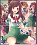 accessory backpack blue_body blue_eyes blue_skin blush bottomwear brown_eyes brown_hair clothing dessert female food fur group hair hair_accessory human_focus ice_cream kneeling pink_body pink_fur ribbons school_uniform skirt sparkles surprise uniform e-co nintendo pokemon lass_(pokemon) generation_1_pokemon human jigglypuff mammal oddish pokemon_(species) hi_res