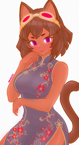 anthro arm_under_breasts asian_clothing big_breasts breasts brown_body brown_hair chinese_clothing chinese_dress clothing dress east_asian_clothing eyebrows eyelashes eyewear eyewear_on_head female goggles goggles_on_head hair magenta_eyes smile solo odenezix gameoverse glitch_productions kit_bodega domestic_cat felid feline felis mammal 2026 hi_res