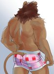 anthro back_muscles bottomwear boxer_briefs butt clothed clothing fluffy furgonomics male muscular muscular_anthro muscular_male pattern_bottomwear pattern_clothing pink_clothing pink_underwear plaid plaid_bottomwear plaid_clothing rear_view solo tail tail_clothing three-quarter_view topless underwear naikuma felid lion mammal pantherine 2021 hi_res