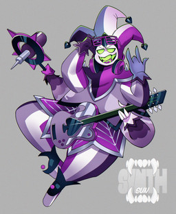 4_arms asexual_pride_colors bottomwear clothing electric_guitar empty_eyes fool's_hat gloves green_eyes grey_background guitar handwear hat headgear headwear lgbt_pride male multi_arm multi_limb musical_instrument pants pattern_bottomwear pattern_clothing pattern_pants plucked_string_instrument pride_color_clothing pride_colors purple_clothing simple_background solo string_instrument striped_bottomwear striped_clothing striped_pants stripes teeth svnthsun hellaverse helluva_boss mammon_(helluva_boss) demon humanoid 2025 digital_drawing_(artwork) digital_media_(artwork) hi_res