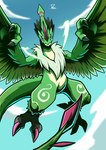 anthro blade feathers green_body green_feathers horn looking_at_viewer male neck_tuft purple_eyes solo tail tail_blade tuft weapon_tail winged_arms wings danang_kusumaw bandai_namco digimon avian bird digimon_(species) galemon hi_res