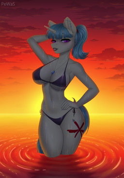 anthro bedroom_eyes big_breasts bikini breasts clothing ear_piercing ear_ring female horn industrial_piercing jewelry lips narrowed_eyes necklace piercing ring_piercing seductive solo sunset swimwear two-piece_swimsuit water wet wet_body wide_hips pewas hasbro my_little_pony mythology fan_character equid equine horse mammal mythological_creature mythological_equine pony unicorn absurd_res hi_res