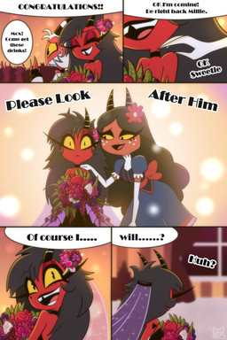 base_three_layout black_text blockage_(layout) clothing detailed_background dialogue dress eyelashes female five_frame_image flower flower_accessory grey_hair group hair horizontal_blockage horn long_eyelashes long_hair looking_back male not_furry plant smile speech_bubble text three_row_layout trio wedding wedding_dress white_hair yellow_eyes caramelcat85 hellaverse helluva_boss millie_(helluva_boss) moxxie's_mother moxxie_(helluva_boss) ghost imp spirit 2:3 comic english_text