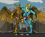 abs anthro balls beak biceps blue_body brown_body building building_destruction city city_destruction claws crush destruction duo erection extreme_size_difference feathered_wings feathers feet finger_claws fingers foot_crush genitals house humanoid_genitalia humanoid_penis landscape_dwarfing macro macro_anthro macro_male male muscular muscular_anthro muscular_male nude open_mouth outside pawpads paws pecs penis rampage size_difference smile soles stomping tail toe_claws toes tongue tongue_out vehicle vein veiny_penis wings wolfsecret mythology pyronite(commissioner) carpo dialuca01 avian canid canine canis gryphon mammal mythological_avian mythological_creature wolf