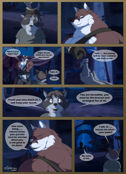 anthro armor bag bottomwear bracers brown_hair building clothing dialogue duo eyes_closed fur hair male muscular muscular_anthro muscular_male red_body red_fur shirt text topwear tunic white_body white_fur young young_anthro young_male xxsparcoxx rajid_(xxsparcoxx) teofacio_larna canid canine fox mammal procyonid raccoon red_fox true_fox 2020 comic digital_media_(artwork) english_text hi_res