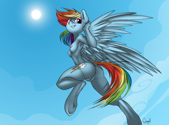 anthro anthrofied anus biped blue_body blue_feathers breasts butt cloud cutie_mark day feathered_wings feathers female genitals hair hooves looking_at_viewer multicolored_hair nipples outside sky smile solo sun underhoof vulva wings nsfwquynzel friendship_is_magic hasbro my_little_pony mythology rainbow_dash_(mlp) equid equine mammal mythological_creature mythological_equine pegasus 2016