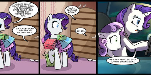 bag blue_eyes car clothing_store confusion dialogue duo embarrassed female feral fitting_room green_eyes hair horn inside inside_car inside_vehicle makeup mall misunderstanding oops open_mouth purple_hair quadruped shopping store tail text vehicle young young_feral madmax friendship_is_magic hasbro my_little_pony mythology rarity_(mlp) sweetie_belle_(mlp) equid equine mammal mythological_creature mythological_equine unicorn comic digital_media_(artwork) english_text sibling_(lore) sister_(lore) sisters_(lore)