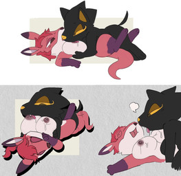 akila_(snazzle_snapp) anthro between_legs big_breasts black_body black_fur bodily_fluids breast_play breast_suck breasts dominant dominant_female egyptian female female/female fur lactating looking_pleasured milk pink_body pink_fur sucking willing_prey yellow_eyes snazzle_snapp juggz_(drinkspaintwater) canid canine canis jackal kangaroo macropod mammal marsupial hi_res
