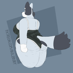 anthro big_breasts big_butt black_eyes black_markings black_nose black_one-piece_swimsuit black_tail_tip breasts butt cellulite circle_eyebrows clothed clothed_anthro clothed_female clothing dipstick_tail eyebrows eyelashes featureless_hands female female_anthro fluffy fluffy_tail fur grey_background grey_body grey_fur grey_tail huge_thighs light looking_back markings multicolored_body multicolored_fur one-piece_swimsuit overweight overweight_anthro overweight_female simple_background solo straight_arm swimwear tail tail_markings text thick_thighs three-quarter_view two_tone_body two_tone_fur white_eyelashes buleruby bluey_(series) trixie_heeler australian_cattle_dog canid canine canis cattledog domestic_dog herding_dog mammal pastoral_dog 1:1 2025 absurd_res colored digital_drawing_(artwork) digital_media_(artwork) hi_res lighting portrait three-quarter_portrait url