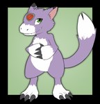 black_claws clasped_hands claws cracked_gem female feral fluffy fluffy_tail forehead_gem fur gem green_eyes looking_at_viewer purple_body purple_fur smile smiling_at_viewer solo tail kerilyn bandai_namco digimon amara_(kerilyn) digimon_(species) dorumon x-digimon 2023 alpha_channel hi_res