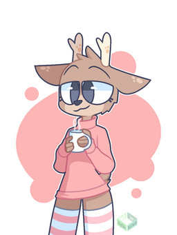 4_fingers anthro antlers beverage black_nose brown_body brown_fur clothing container cup ears_down femboy fingers fur grey_eyes holding_beverage holding_container holding_cup holding_mug holding_object horn legwear logo male mug multicolored_body multicolored_clothing multicolored_fur multicolored_legwear multicolored_thigh_highs narrowed_eyes pattern_clothing pattern_legwear pattern_thigh_highs pink_background pink_clothing pink_legwear pink_sweater pink_thigh_highs pink_topwear pivoted_ears short_tail simple_background solo standing striped_clothing striped_legwear striped_thigh_highs stripes sweater tail tan_body tan_fur text thigh_highs topwear two_tone_body two_tone_clothing two_tone_fur two_tone_legwear two_tone_thigh_highs white_background white_clothing white_legwear white_thigh_highs aiyhav_nouneim oakley_(aiyhav_nouneim) deer mammal 2020 artist_logo artist_name