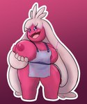 :d apron apron_only big_breasts blush breasts clothing eyelashes female gradient_background hair hand_on_own_breast long_hair nipples outline pink_background pink_body pink_nipples purple_clothing purple_eyes short_stack simple_background slightly_chubby smile solo thick_thighs tongue white_outline bullelewds nintendo pokemon generation_9_pokemon humanoid pokemon_(species) tinkaton 2023 hi_res