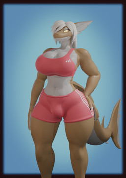 anthro big_breasts breasts bulge exercise glistening_face gynomorph gynomorph_anthro intersex intersex_anthro solo tail white_breasts workout workout_clothing workout_outfit z-z auzi aquatic fish shark hi_res