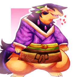 accessory anthro asian_clothing belly blush blush_lines border clothed clothed_anthro clothed_female clothing cute_fangs east_asian_clothing eyes_closed fangs female female_anthro floppy_ears flower flower_accessory fur gradient_background headgear headwear japanese_clothing kimono navel open_mouth open_smile pattern_clothing pink_background plant purple_body purple_clothing purple_fur purple_kimono simple_background slightly_chubby slightly_chubby_anthro slightly_chubby_female smile solo tan_body tan_fur teeth thick_thighs white_background white_border felipotyphlosion nintendo pokemon hisuian_typhlosion_tranquil_tea_house badger generation_8_pokemon hisuian_form hisuian_typhlosion mammal mustelid musteline pokemon_(species) regional_form_(pokemon) 1:1 hi_res