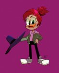 beak clothing fedora female hair hand_on_hip hat headgear headwear looking_at_viewer open_mouth open_smile orange_beak purple_background red_hair simple_background smile solo standing hccupit disney ducktales ducktales_(2017) gosalyn_waddlemeyer anatid anseriform avian bird duck 2019 signature