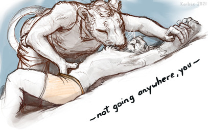 arched_back arms_above_head arms_held boxer_briefs boxer_briefs_only chest_tuft clothed clothing dialogue dominant dominant_female duo eyes_closed female gentle_femdom hand_in_underwear kissing_chest larger_female male male/female pinned size_difference smaller_male teasing text topless tuft underwear underwear_only karbik_(artist) karbik_(fursona) sigrun_(karbik) felid feline lion lynx mammal pantherine 2022 english_text