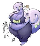 2024 2_toes 5_fingers absurd_res antennae_(anatomy) anthro anthro_focus barefoot belly big_breasts big_tail bottomwear breasts burger cleavage clothed clothing crawdadblues crop_top curled_tail deep_navel dragon dripping duo eyelashes eyeshadow feet female female_focus fingers food full-length_portrait generation_6_pokemon goodra green_eyes hi_res huge_breasts human long_neck looking_aside makeup male male_human mammal midriff mythological_creature mythological_scalie mythology navel nintendo nipple_outline pants pokemon pokemon_(species) portrait purple_body scalie shirt slime solo_focus standing tail thick_thighs thought_bubble toes topwear walking