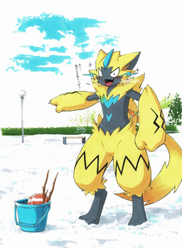 ambiguous_gender anthro black_body black_fur dialogue excited fur gesture hand_gesture kemono pointing snow solo text yellow_body yellow_fur akabane_jin nintendo pokemon domestic_cat felid feline felis generation_7_pokemon legendary_pokemon mammal pokemon_(species) zeraora hi_res translation_check translation_request