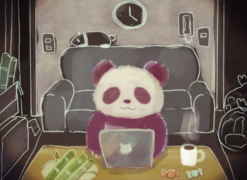 anthro bamboo beverage biped chibi coffee computer detailed_background electronics fur furniture inside multicolored_body multicolored_fur sofa solo two_tone_body two_tone_fur white_body white_fur araru bear giant_panda mammal 2020