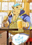 alcohol anthro beer beverage blue_hair bottomwear brown_body clothed clothing detailed_background food hair humanoid_hands kemono male overweight overweight_male pants sitting solo hisbam_hisbam lifewonders tokyo_afterschool_summoners ganglie_(tas) mammal suid suine sus_(pig) wild_boar 2022