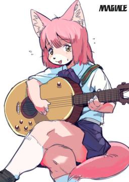 acoustic_guitar anthro bodily_fluids clothed clothing crossed_legs female flying_sweatdrops fur guitar kemono musical_instrument open_mouth playing_guitar playing_music plucked_string_instrument school_uniform simple_background solo string_instrument sweat sweatdrop tail uniform white_background young magiace fur_(theterm) canid canine fox mammal absurd_res hi_res