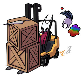 2_horns ambiguous_gender black_eyes box cloak clothed clothing clown_nose container crate duo forklift horn in_vehicle melee_weapon motion_lines simple_background sitting vehicle weapon white_background raykichishadow hollow_knight_(franchise) team_cherry hornet_(hollow_knight) the_knight_(hollow_knight) arthropod vessel_(species) 2025 female_(lore) half_sister_(lore) sibling_(lore) sister_(lore)