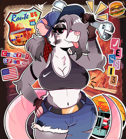 american_flag anthro baseball_cap big_breasts biped black_eyeshadow bottomwear bra breasts burger clothing curvy_figure daisy_dukes denim denim_bottomwear denim_clothing denim_shorts ear_piercing ear_ring eyeshadow fangs female food front_view fur grey_body grey_fur grey_hair hair hairless_tail hat headgear headwear holding_object holding_tool holding_wrench hotpants jeans makeup midriff notched_ear pants piercing pink_nose pink_tail ponytail ring_piercing shorts solo sports_bra tail teeth thick_tail thick_thighs tongue tongue_out tools torn_bottomwear torn_clothing torn_jeans torn_pants underwear united_states_of_america voluptuous wide_hips wrench wireless_shiba nike jessie_(00niine) american_opossum mammal marsupial 2025 absurd_res hi_res