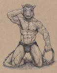 abs anthro athletic biceps biped bulge clothed clothing fangs feathers hand_behind_head horn jockstrap kneeling male mature_anthro mature_male muscular muscular_anthro nipples pecs pose scales scar scroll solo tasteful teeth topless underwear vein deeplydisturbd bethesda_game_studios microsoft skyrim the_elder_scrolls sairaks argonian reptile scalie absurd_res hi_res monochrome pinup sepia traditional_media_(artwork)