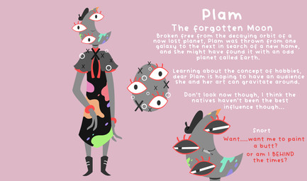 artist beret boots bow_ribbon bracelet clothing crescent_moon egg female footwear for_a_head grey_body hat headgear headwear jewelry long_arms moon multi_eye paint robe shoes solo text shane_frost plam_(bruhs_happy) humanoid living_moon object_head 2026 digital_drawing_(artwork) digital_media_(artwork) english_text hi_res