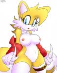 2_tails anthro areola blue_eyes breasts clothed clothing clothing_lift crossgender dipstick_tail eyelashes female fur genitals legwear markings mtf_crossgender multi_tail multicolored_tail navel nipples pussy shirt shirt_lift smile solo tail tail_markings thigh_highs topwear yellow_body yellow_fur ricocake sega sonic_the_hedgehog_(series) miles_prower canid canine fox mammal